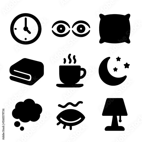 Insomnia Icons Set. Solid, Filled icon set of insomnia: clock showing 3 AM, open eyes, pillow, blanket, coffee cup, moon, thought