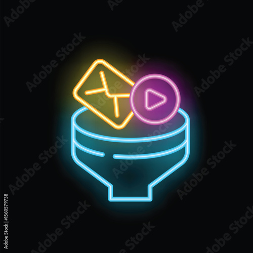 Colorful neon icon of a sales funnel converting emails and videos into customers