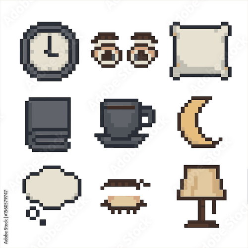 Insomnia Pixel Icons. Pixel art icon set of insomnia: clock showing 3 AM, open eyes, pillow, blanket, coffee cup, moon, thought