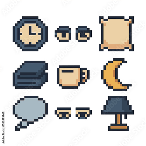 Insomnia Pixel Icons. Pixel art icon set of insomnia: clock showing 3 AM, open eyes, pillow, blanket, coffee cup, moon, thought