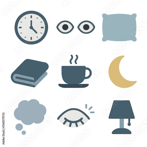 Insomnia Icon Set. Flat icon set of insomnia: clock showing 3 AM, open eyes, pillow, blanket, coffee cup, moon, thought bubble,