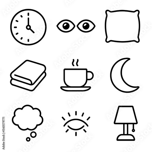 Insomnia Icon Set. Outline icon set of insomnia: clock showing 3 AM, open eyes, pillow, blanket, coffee cup, moon, thought bubble,