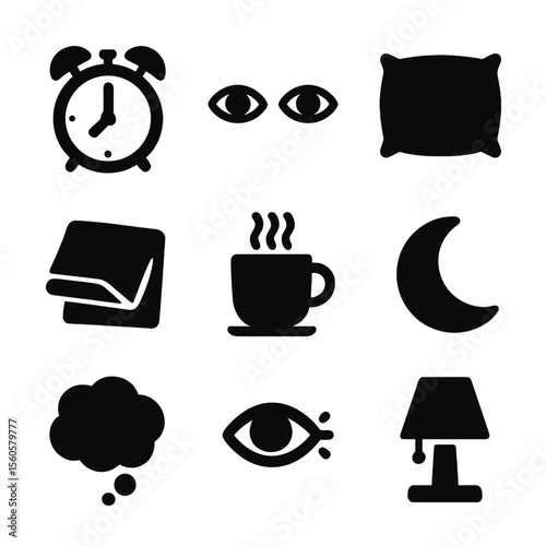 Insomnia Icons Set. Solid, Filled icon set of insomnia: clock showing 3 AM, open eyes, pillow, blanket, coffee cup, moon, thought