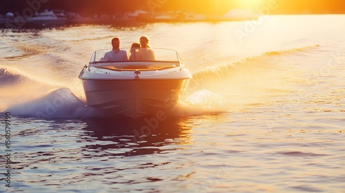 A family enjoys a sunset boat ride.