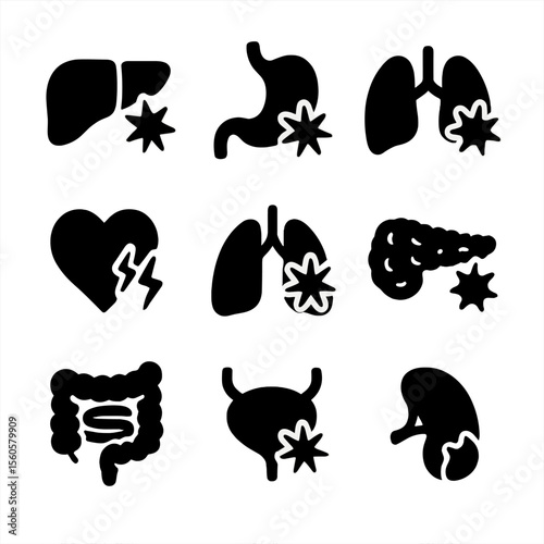 Internal Organ Pain Icons. Solid, filled icon set of internal organ pain: liver with pain icon, stomach ache, kidney inflammation,