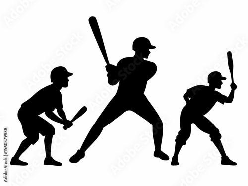 Set of silhouettes of baseball player swinging the bat with different pose, gesture. batter icon. isolated on white background. vector illustration.