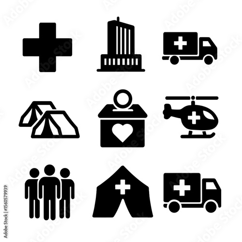 International Aid Icons. Solid, filled icon set of International aid organizations: Red Cross emblem, UN building, aid convoy,
