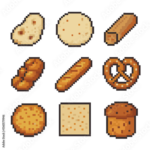International Bread Icons. Pixel art icon set of international breads: naan, tortilla, injera, challah, baguette, pretzel, bannock