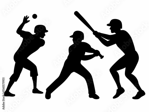 Set of silhouettes of baseball player swinging the bat with different pose, gesture. batter icon. isolated on white background. vector illustration.