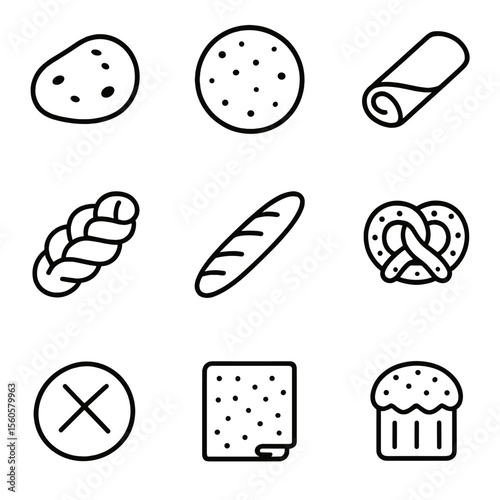 International Bread Icons. Outline icon set of international breads: naan, tortilla, injera, challah, baguette, pretzel, bannock,