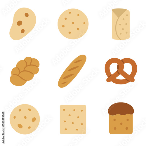 International Bread Icons. Flat icon set of international breads: naan, tortilla, injera, challah, baguette, pretzel, bannock,