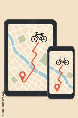 GPS navigation app on tablet and smartphone. City map with route to a bicycle. Bike sharing, rental or cycling concept. Location pin, destination tracking. Modern flat vector cartoon.