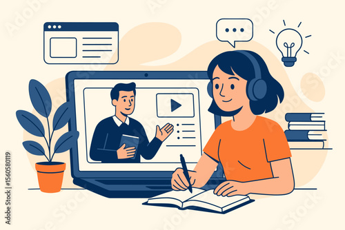 Online education and e-learning concept illustration. Student girl studying remotely at home using a laptop for a video lesson. Teacher conducts webinar or online course. Distance learning.