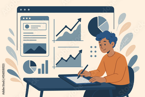 Business data analysis. Man analyst or freelancer working on dashboard. Data visualization. Marketing statistics report. Site analytics with charts, graphs. Financial growth concept.