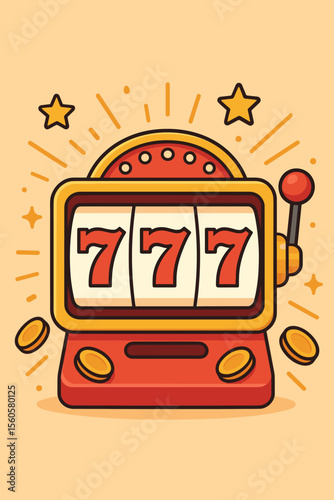 Retro casino slot machine vector illustration with lucky sevens jackpot. Vintage gambling game concept for wealth, win, and success. Money, coins, gold, and stars highlight prosperity.