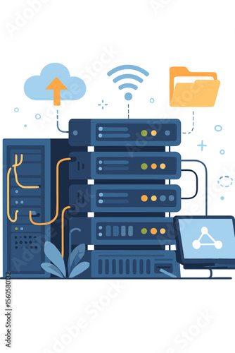 Data center server rack vector concept. Cloud computing, hosting service, database storage. Information technology and telecommunication network infrastructure on white background.