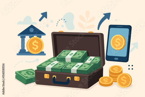 Banking and finance vector concept. Open suitcase full of cash. Mobile money transfer, online payment, investment, and savings. Financial success, wealth, profit, income cartoon.