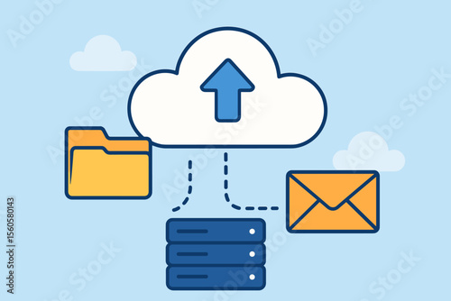 Cloud storage technology vector illustration. Data processing and transfer concept. Server synchronizing information, files, and email messages. Uploading to online hosting for backup.
