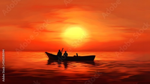 Silhouette of a small boat at sunset.