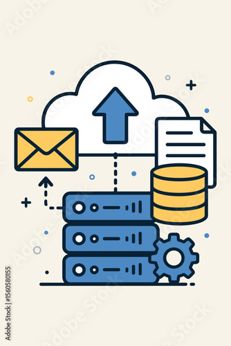 Cloud storage and data processing vector concept. Information technology flat illustration. Server hosting, database management, file upload and backup system for web and marketing.