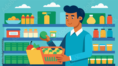 In a grocery store a man puts back the items he had originally picked out and replaces them with lowfat and diet versions.. Vector illustration