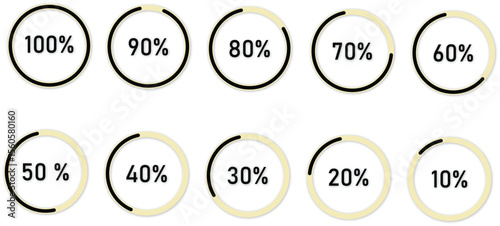 circular progress percentage indicators from 10% to 100%  infographic loading rings for data, chart, report, dashboard, ui design, presentation, analytics