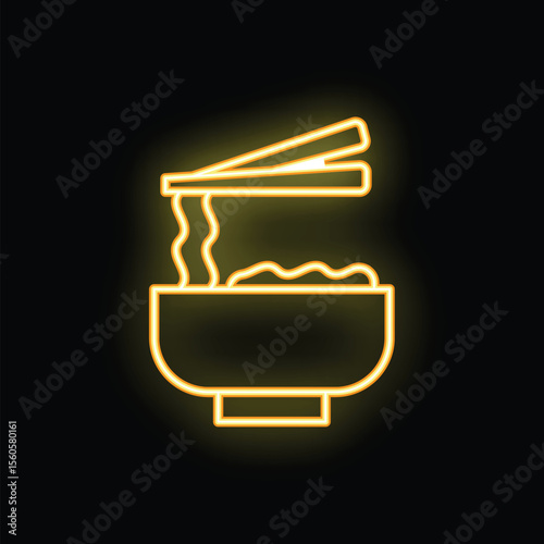 Yellow neon sign depicting chopsticks picking up noodles from a bowl on a black background