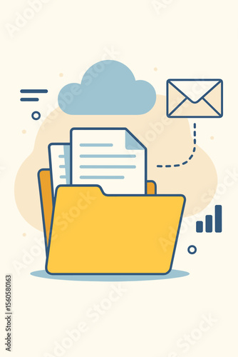 Cloud storage technology and data processing concept. Vector flat illustration of file management, document sharing, and message sending. Digital business analytics and email marketing.