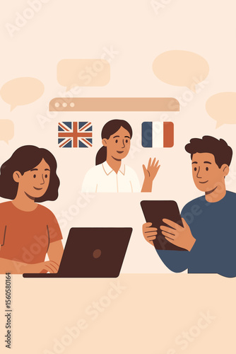 Foreign language online course vector illustration. Students learning on laptop and tablet. Video conference with a teacher for English and French lessons. E-learning and global communication.