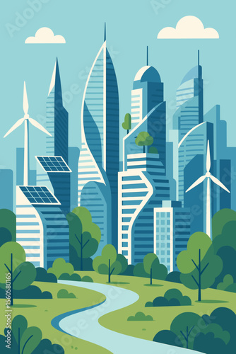 Future city vector illustration. Smart eco friendly urban landscape. Sustainable architecture with modern skyscrapers, green energy, solar panels, wind turbines, and city park.