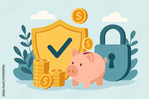 Money protection and financial saving insurance concept. Safe business economy illustration with piggy bank, gold coins, shield with checkmark, and padlock. Secure investment vector.