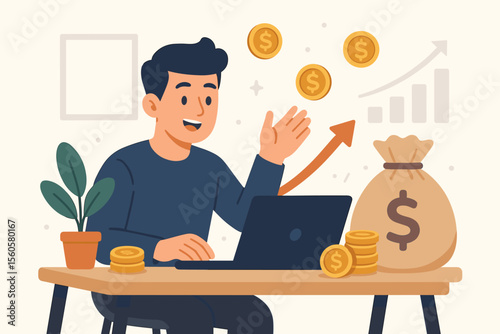 Financial success concept. Businessman earning money on a laptop. Online income, investment growth, and profit. Flat vector cartoon illustration of a man with coins, money bag, and chart.