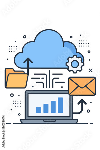 Cloud computing technology concept. Data processing, storage and synchronization. Laptop transferring files and sending emails to cloud server. Business analytics graph. Flat vector icon.