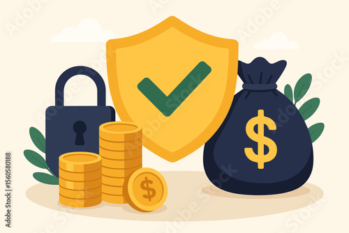 Money protection vector concept. Financial savings and insurance guarantee. Secure investment and a safe business economy. Wealth management and capital safety with a shield, lock and coins.