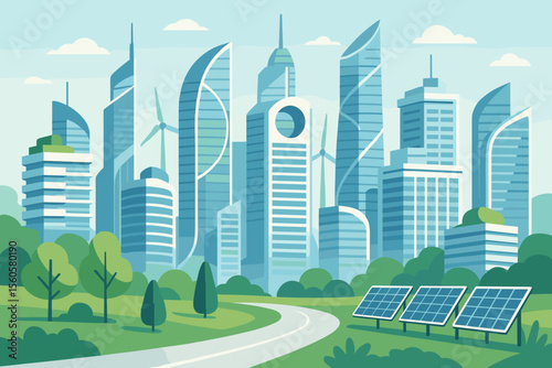 Futuristic city vector illustration with modern skyscrapers and green energy. Eco-friendly urban landscape with solar panels, wind turbines. Sustainable smart city concept background.