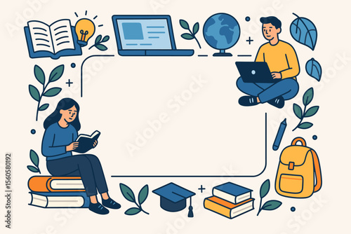 Education frame concept with students. Young people learning online with laptop and reading books. E-learning, online course, knowledge banner. Back to school vector illustration.