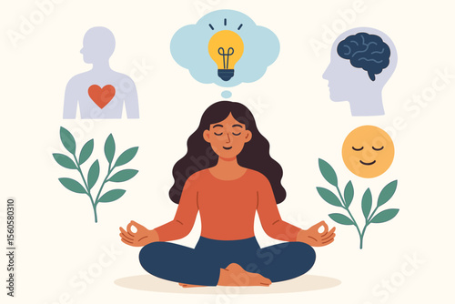 Meditation benefits concept vector. Woman in lotus pose shows health benefits for body, mind, emotions. Mindfulness, yoga for relaxation, mental wellness, creativity, and balance.