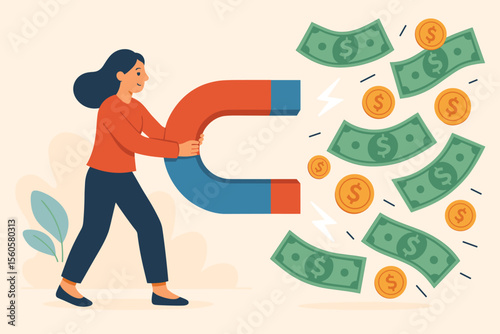 Businesswoman with a giant magnet attracting money, coins, and bills. Concept of financial success, attracting investment, profit, and wealth creation. Modern flat vector illustration.