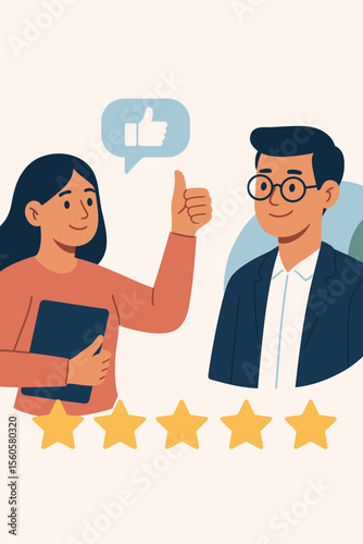 Customer satisfaction concept with happy woman client giving five star rating. Positive feedback, testimonial and good review for excellent service. Thumbs up for great work. Flat vector.