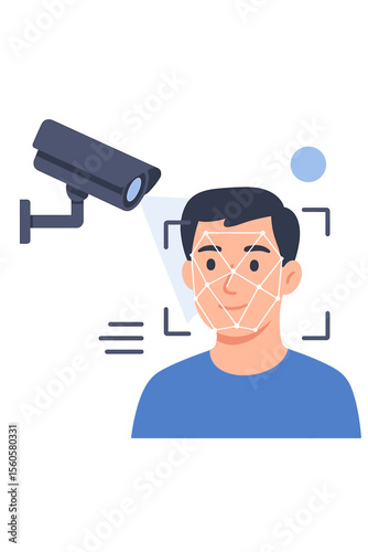 Facial recognition technology concept. Security camera scans a man's face for biometric identification. Modern surveillance system with CCTV for access control, security, and verification.