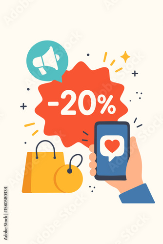 Social media marketing concept. 20% discount, sale promotion. Online shopping vector. Hand holding phone with heart like icon. Megaphone announcement. Special offer banner. Flat cartoon.