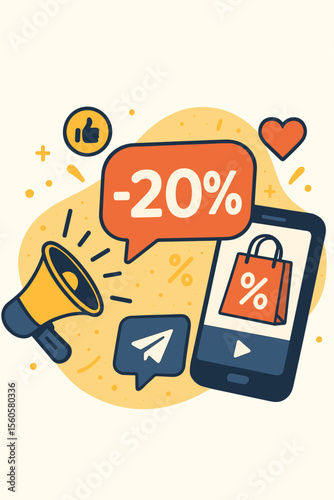 Sale 20 percent discount. Special offer. Social media marketing concept. Megaphone announcement. Online shopping via smartphone. E-commerce promotion. Flat cartoon vector illustration.