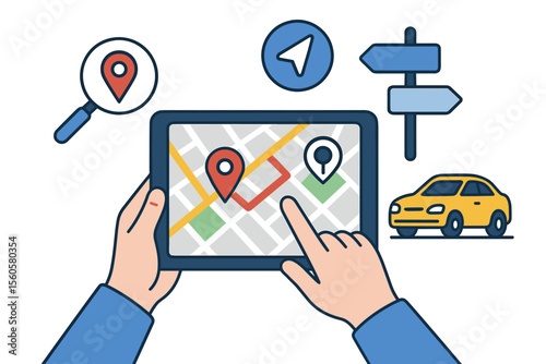 Vector illustration of GPS navigation app on tablet. Hands holding device with city map and location pins. Concept of route planning, getting directions, car travel, and mobile guide.