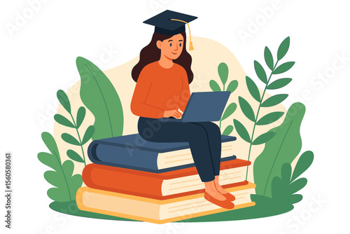 Online education concept. Student graduate girl in cap with laptop sitting on a stack of books. E-learning, distance study, university, knowledge, success. Modern flat vector illustration.