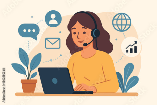 Customer service agent, online assistant working from home. Woman with headset at laptop for remote support. Call center operator, hotline consultant. Business growth and communication.