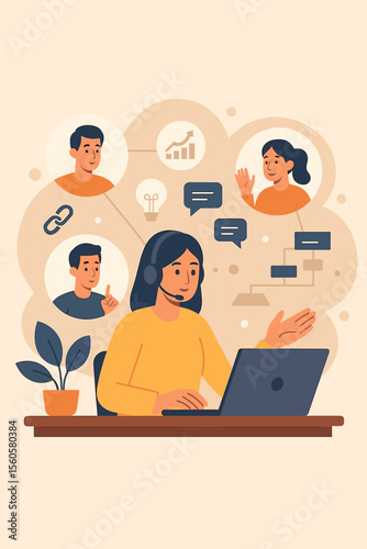 Remote work concept with woman manager leading online team meeting. Virtual assistant, business collaboration, project management, and brainstorming. Modern flat vector illustration.