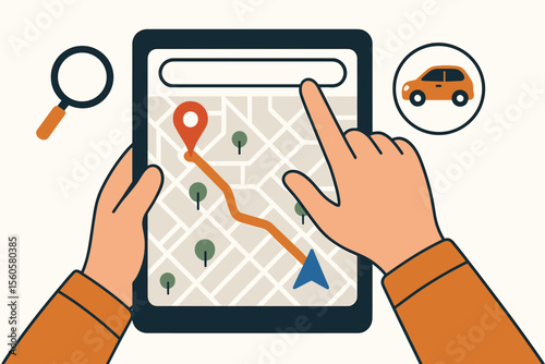 Vector illustration of hand holding tablet with GPS navigation app. Man searching for route on city map. Concept for directions, car sharing, online travel and taxi service.