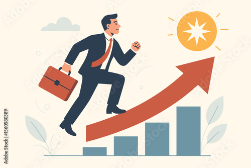 Businessman running up a growth arrow chart. Concept of career development, success and ambition. Man moving towards a goal star. Motivation, progress, and leadership vector.