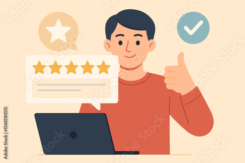 Man giving positive customer review online. Client feedback with 5 star rating. Happy user satisfaction concept. Thumbs up approval. Testimonial on laptop vector cartoon illustration.