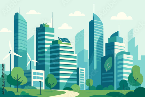 Sustainable green city concept. Eco-friendly urban landscape with modern skyscrapers, solar panels, and wind turbines. Renewable energy and ecology. Future city vector illustration.